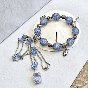 SET Blue Bead Silvertone Necklace with Blue Crackle Glass Stretch Bracelet